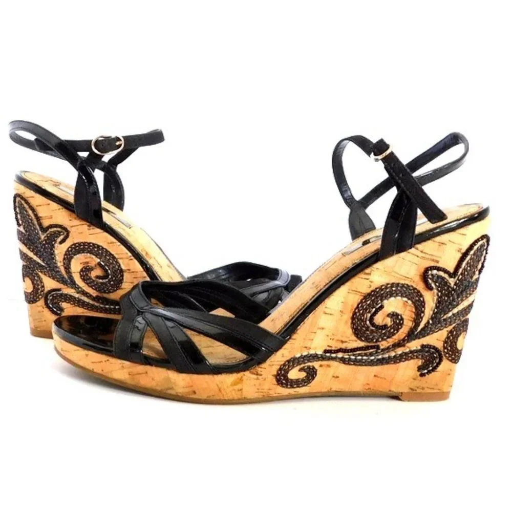 Bandolino Black Leather Embroidered Cork Wedges